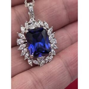 DSMK 925 STERLING SILVER CZ Sapphire PENDANT NECKLACE Adjustable
